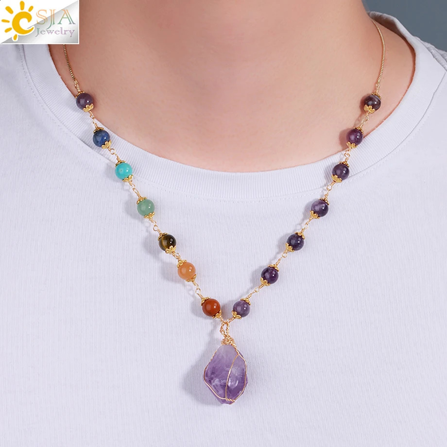 CSJA Treatment 7 Chakra Necklace Female Irregular Natural Stone Pendant Gold Stainless Steel Necklace Jewelry H175 241018