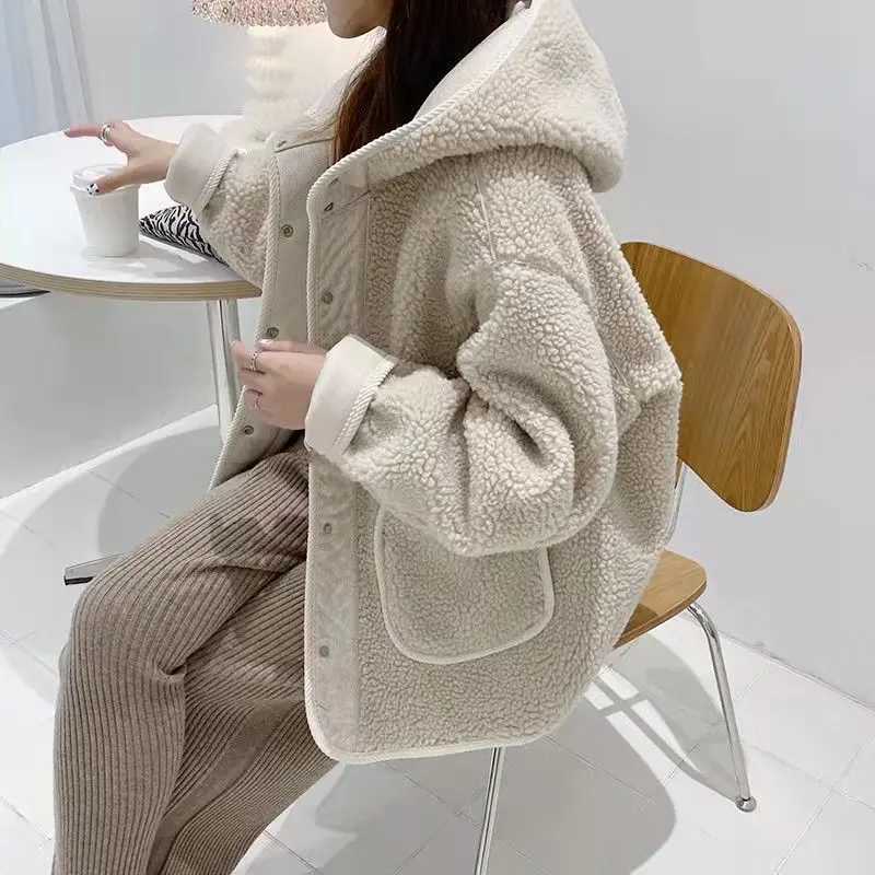 Ladies Cute Ins Hooded Button Up Jacket Womens Spring Autumn Winter Chic Loose Warm Lamb Coat Outerwear Female Cheap WholesaleX241018