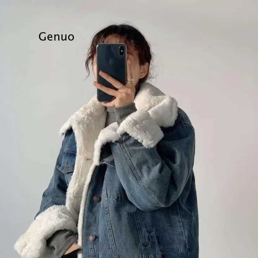 Winter Womens Lamb Wool Jean Jackets Coat Streetwear Thick Warm Baggy Tops Female Korean Fashion Denim Cropped Jackets OutwearX241018