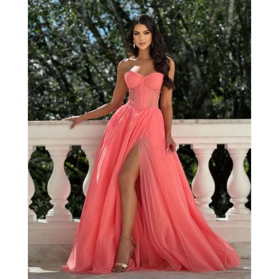 Evening Side Fancy Dresses Split Prom Gown A E Strapless Tulle Party Dress Backless Custom Made Satin Vestidos De Noche 0719