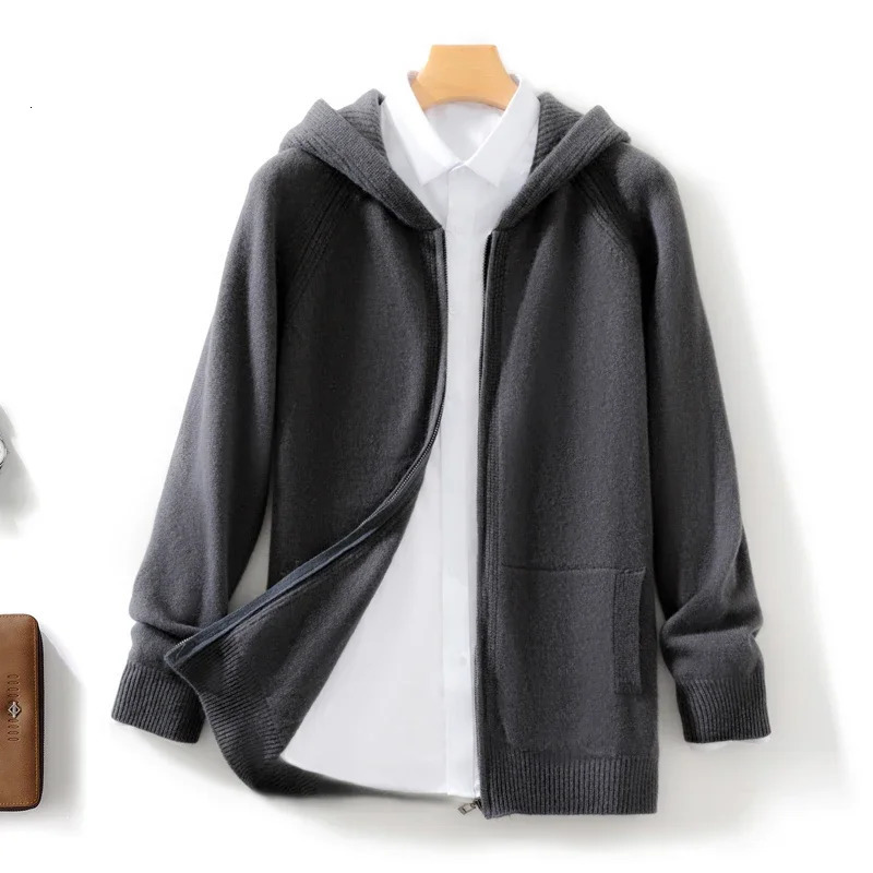 Spring 100% Merino Wool Sweater Mens Hooded Zipper Cardigan Business Casual Knitted Solid Color Jacket Long sleeved Top 241018
