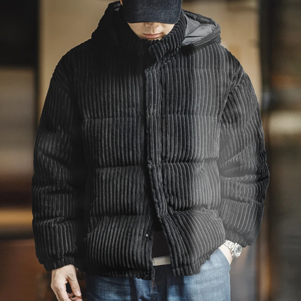 Maden Mens Corduroy Down Jacket Winter Thickened Warm Striped Hooded Coat Vintage Padded Jackets Removable Hood Black Clothing 241017