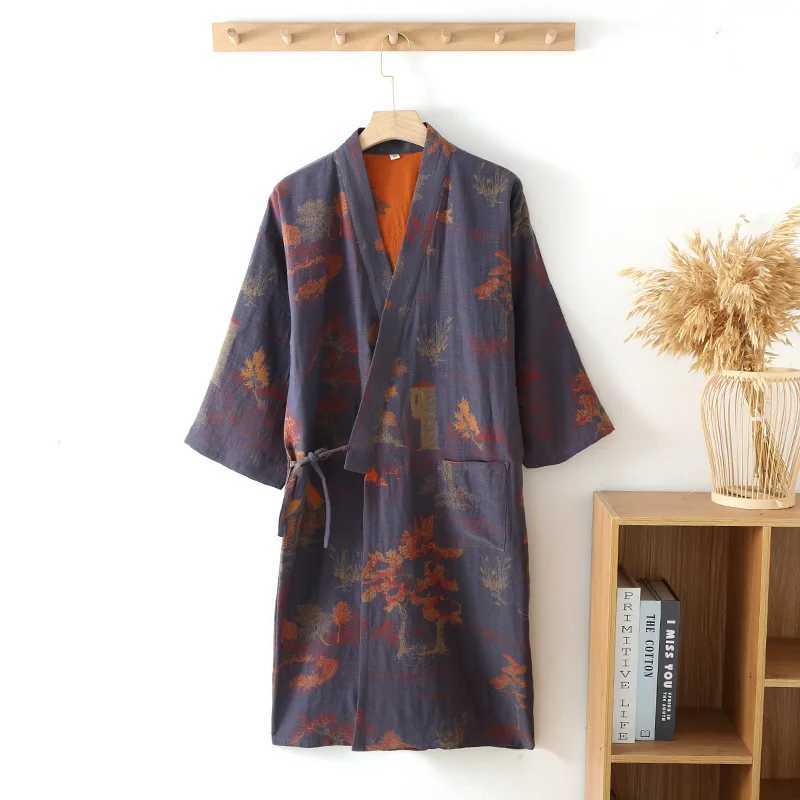 Kimono Robe Cotton Pajamas Spring Summer Loose Double Layer Gauze Mens Bathrobe Floral Print Sleepwear Lounge GownXJ241018