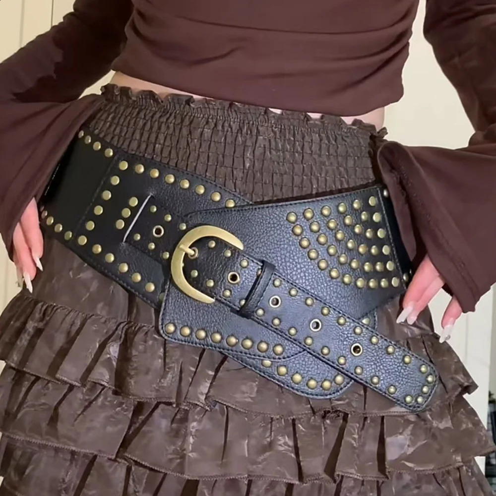 Y2K retro PU broadband retro rivet buckle womens belt jeans belt punk rock hip-hop accessories 241018
