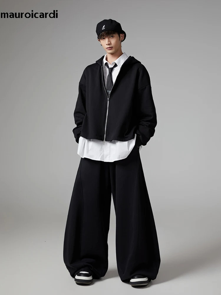 Mauroicardi Autumn Black Flowy Baggy Wide Leg Pants for Mens with Drawstring Elastic Waist Streetwear Loose Casual Soft Trousers 241018
