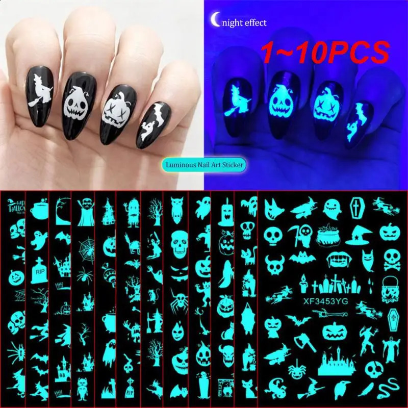 Luminous Nail Stickers Set Halloween Laser Pumpkin Skull Nail Sticker Manicure Adhesive Tips Nail Art Decorations 241017