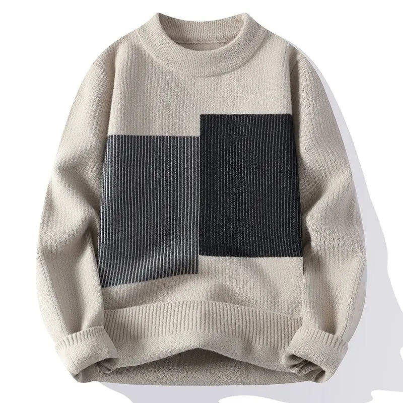 Korean Fashion Autumn Winter Sweaters Mens Shirt Collar Contrast Color Striped Casual Long Sleeve Loose Pullovers Knitted Tops 241018