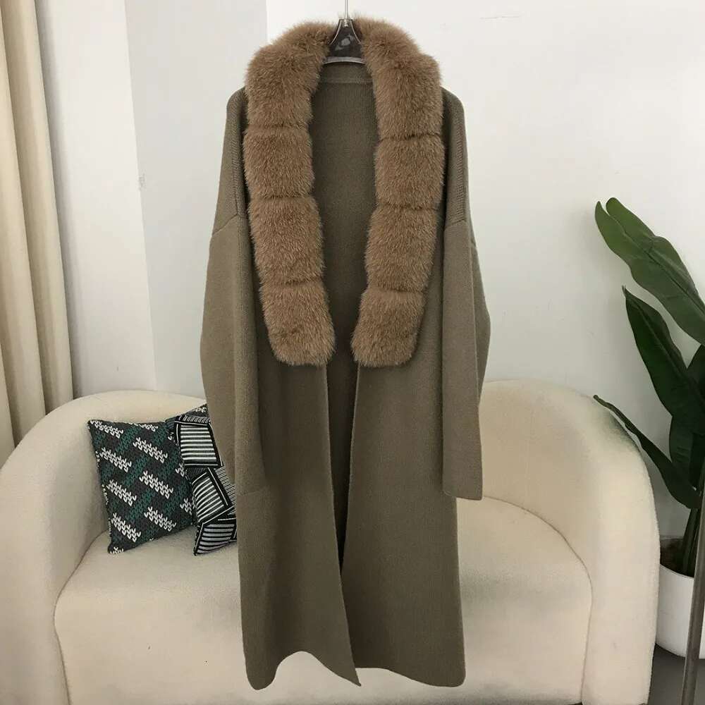 New Autumn/Winter Slouchy Long Over Knee Knitted 2024 Real Jacket Women's Natural Fox Fur Collar Loose Coat