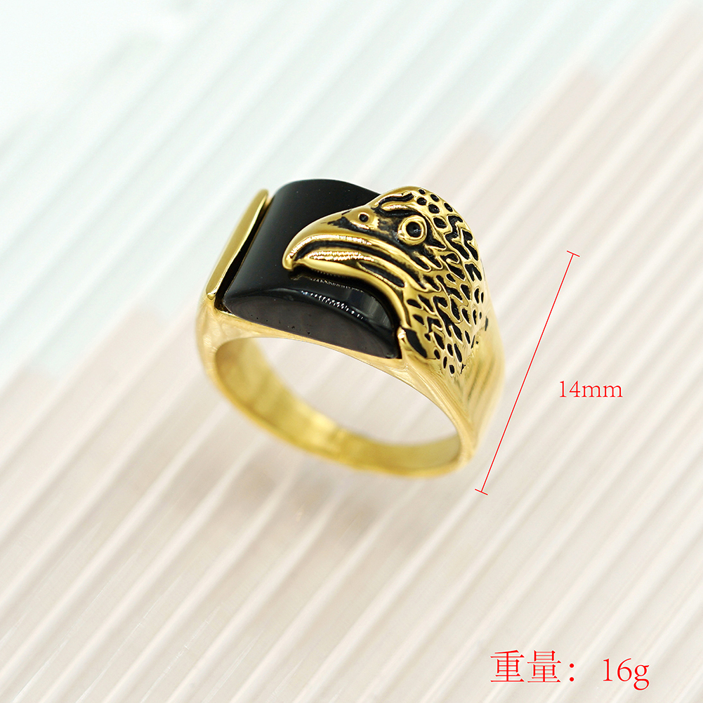Hip Hop Hawk Head Black Agate Casting Ring Stainless Steel 18k Gold Plated Mens Jewelry