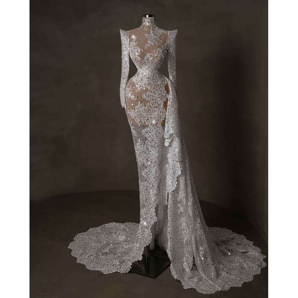 Fashion See Through Mermaid Wedding Dresses Appliques Bridal Gowns Pearls Sequins Custom Made Vestido de novia