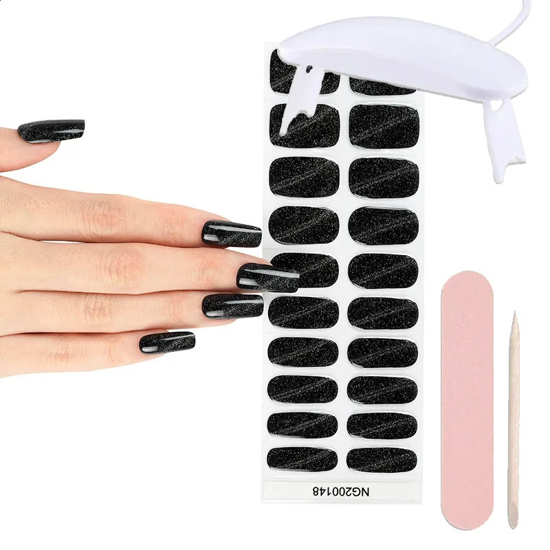 Semi-Cured Gel Nail Patch Set 20 Sheet with UV Lamp Adhesive Solid color shiny Sliders Long Lasting Full Cover Nail Gel Wrap 241017