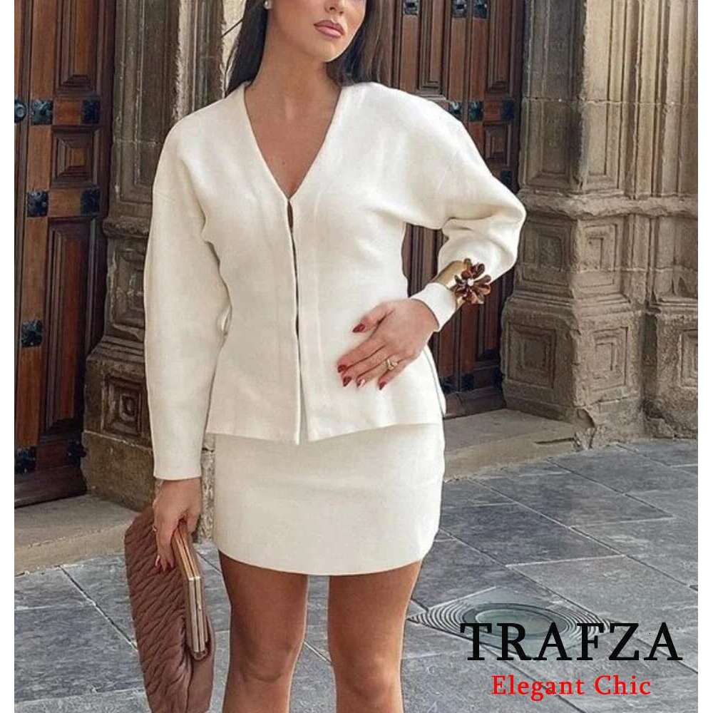 Trafza-Women Fashion Loose Knitted Top Coat And A-E Skirt New 2024 Spring Autumn Fall Bury Modern Set