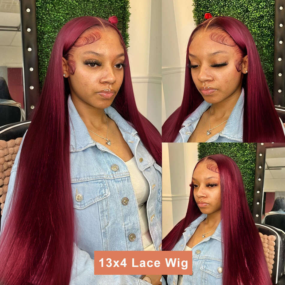 30 34 Inch 99J Bury Colored 13x4 Front Wig Bone Straight 5x5 Closure Glueless 13x6 HD Red Lace Frontal Human Hair Wigs