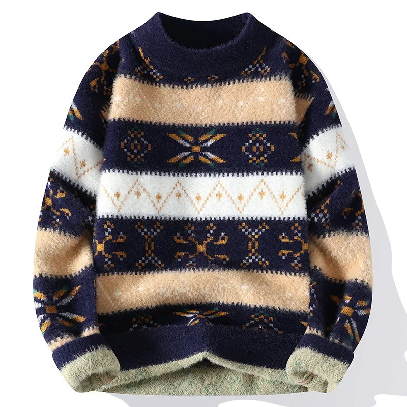 Korean Menswear Contrast Color Striped Sweaters Mens Knitted Pullover Hoodie Men Trendy Wool Knitwear Thick Mock Neck Sweater 241018