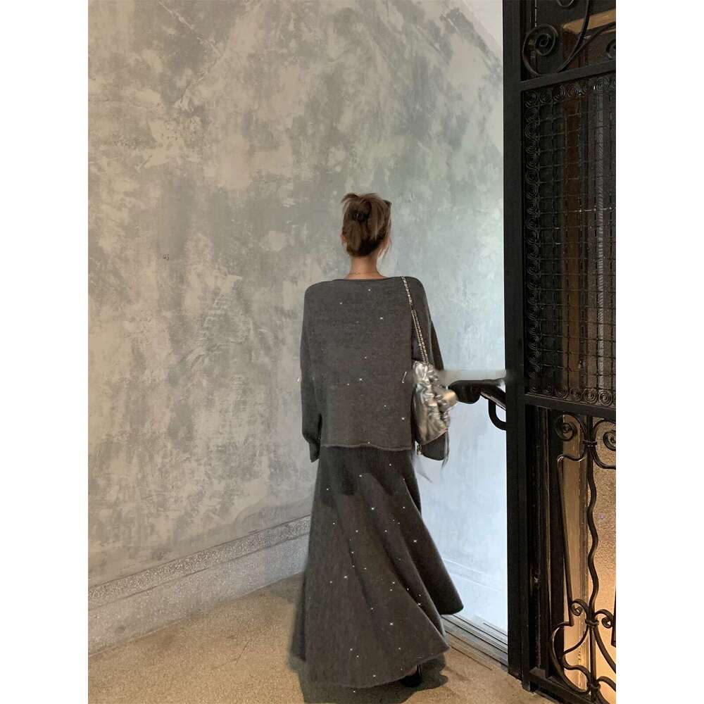 Hirsionsan Sexy Soft Elegant Vintage Women Suits 2 Pieces Female Sets Slash Neck Sweater & Midi Dress Bg Knitted Tracuit