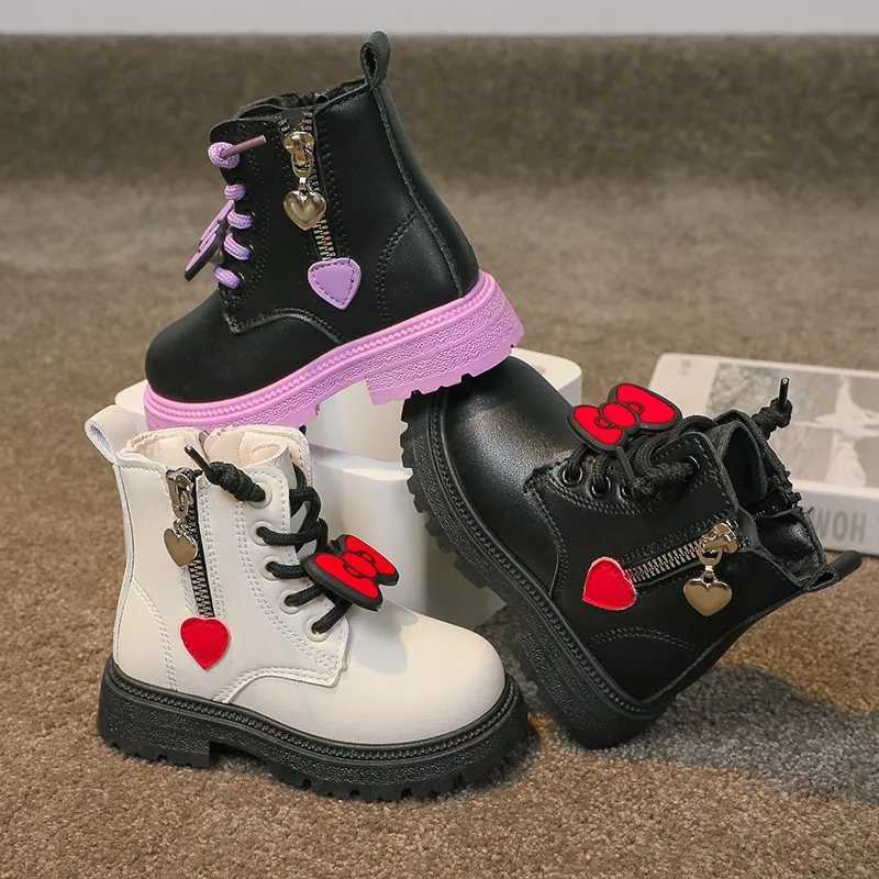 Boots New plush warm childrens ankle boots fashionable bow girl princess leather boots H241018