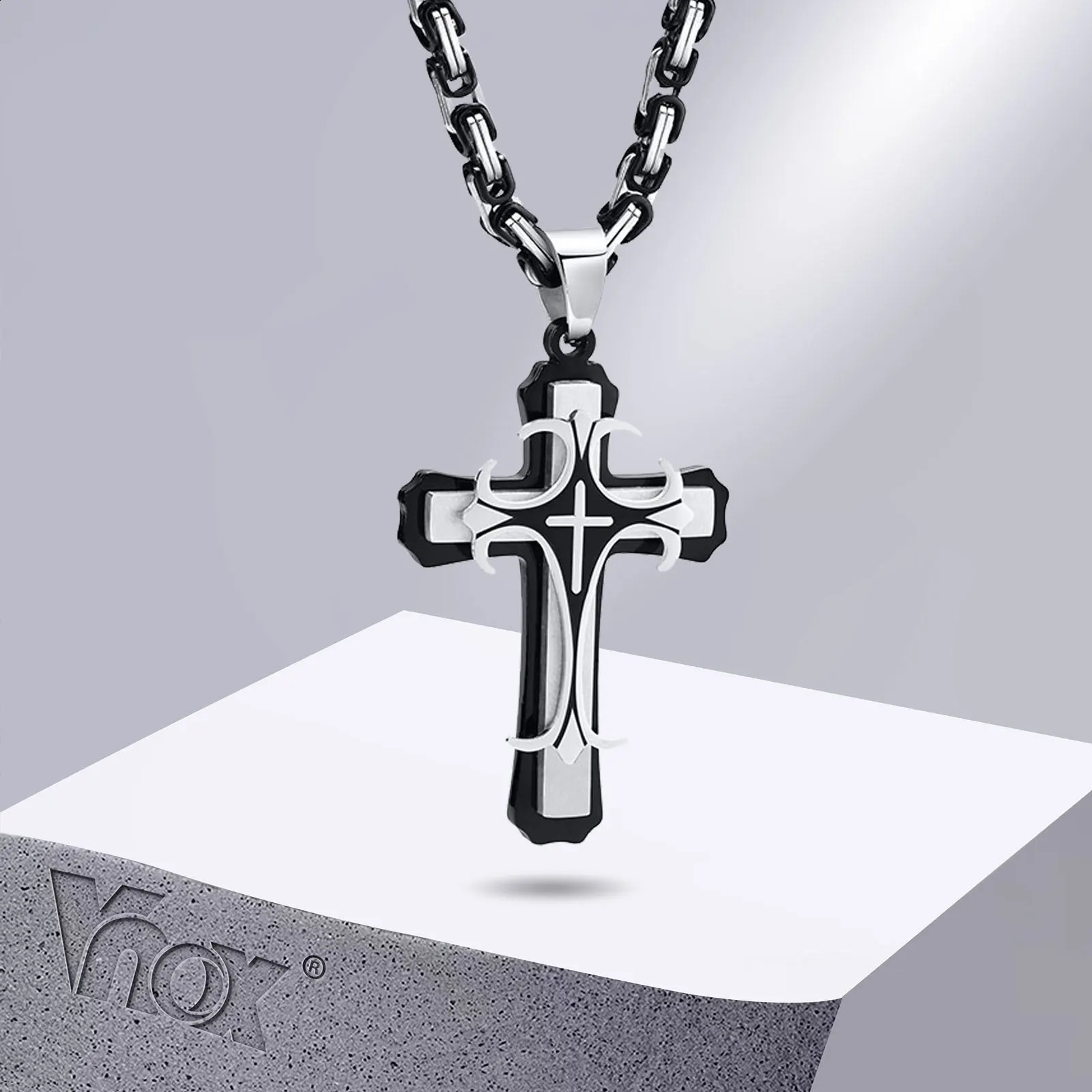 Vnox Mens Cross Necklace with 4MM Byzantine Chain Punk Rock Stainless Steel Catholic Cross Pendant Religious Jewelry 241018