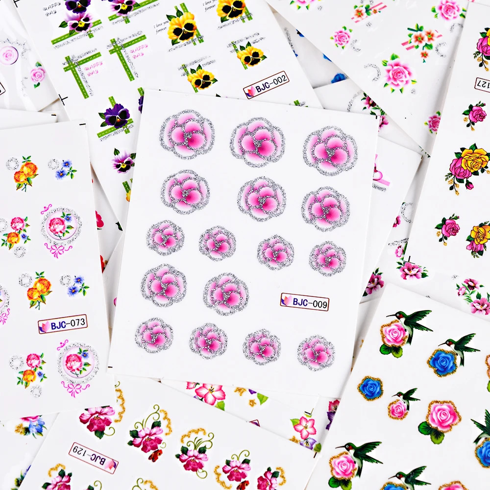 55pcs Latest Nail Art Glitter Tips Flower s with Gold Powder Nail Art Sticker Decals Watermark DIY Manicure TRBJC55 241017