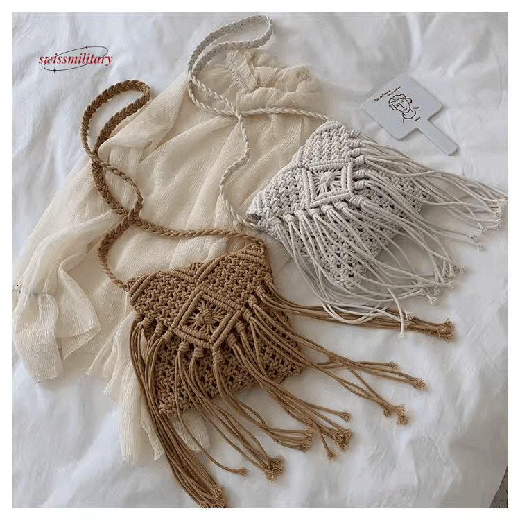Tassel grass Bohemian hand woven small square single shoulder diagonal cross bag, beach bag for women #23 swissmilitary