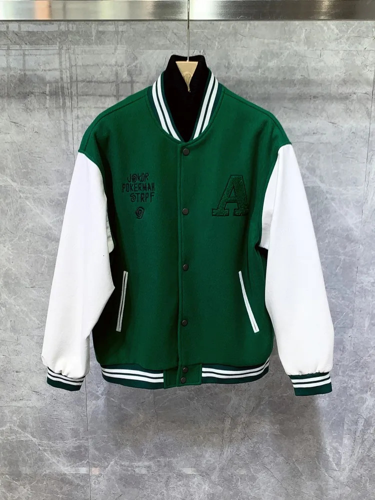 Men Autumn Thick Woolen Pu Leather Sleeve Patchwork Bomber Jacket Stand Collar Loose Hip Hop Coat Harajuku Casual Streetwear Top 241018