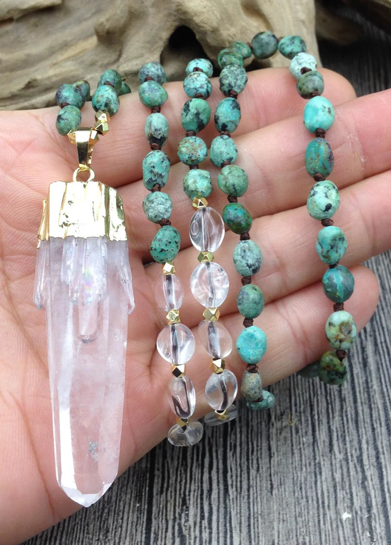YA2829 Natural Quartz Pendant African Turquoise Quartz Irregular Gold Nuggets Bead Knot Handmade Necklace 241018