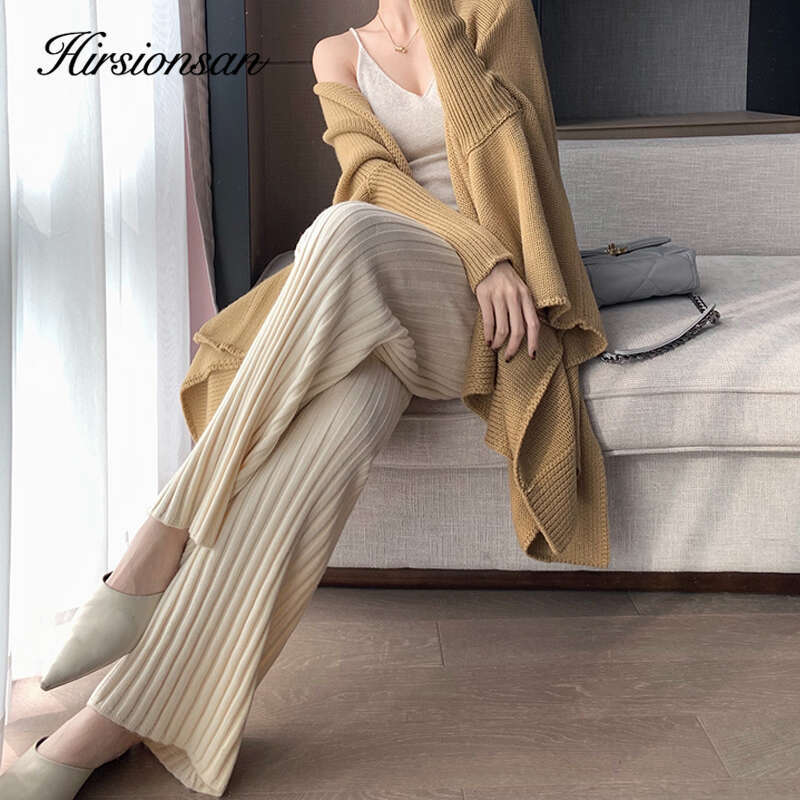 Hirsionsan Cashmere Soft Wide Leg Women 2023 Winter Korean Vintage Straight Pants Loose Female High Waist Knitted Trousers