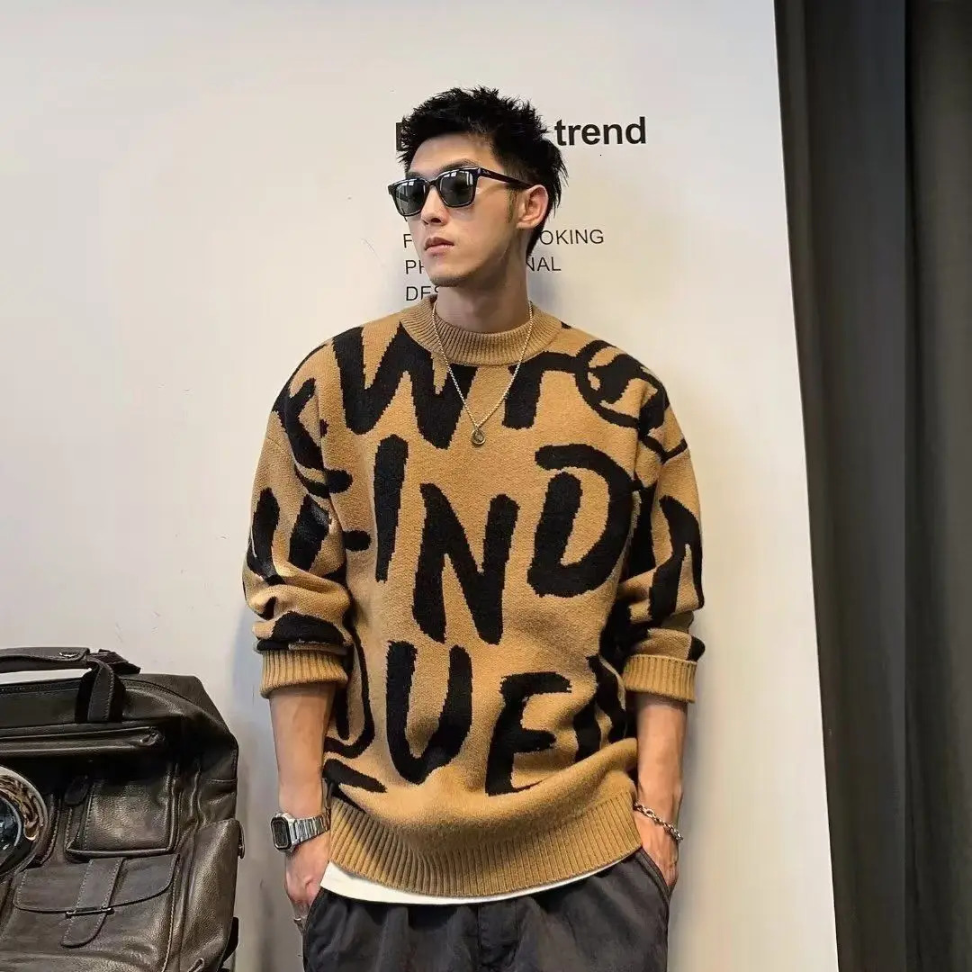 Pullover Man Letter Green Knitted Sweaters for Men Crewneck Loose Knitwear Round Collar Clothing Deals Fit Woven Top 241018