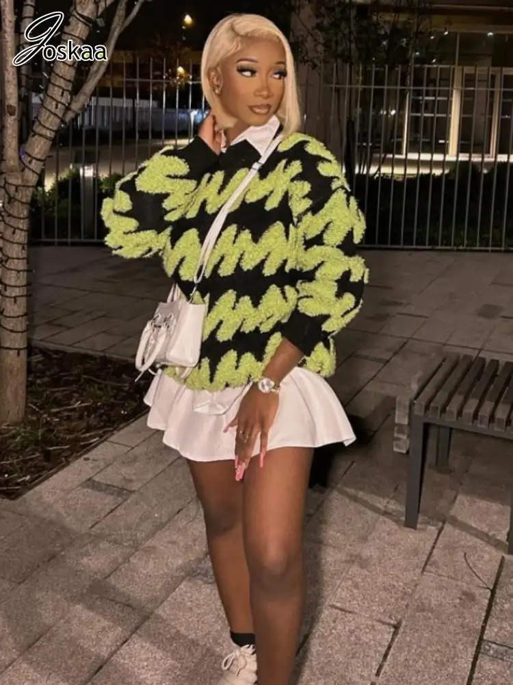 Joskaa Patchwork Knitted Oversized Pullovers Women Hipster O-Neck Long Sleeve Loose Sweater Winter Chic Tops Y2K Streetwear 241010