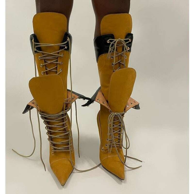 2024 new pointed thin super high heel double-layer strap fashion show plus knee length boots for women