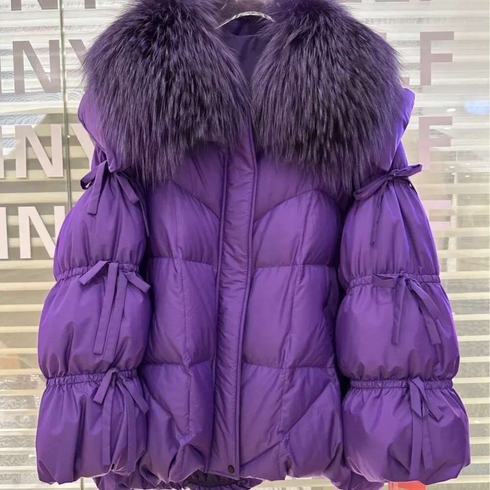 Winter Bow Tie Sleeve Fashion Puffer Coat Natural Real Raccoon Fur Collar Down Jacket Women