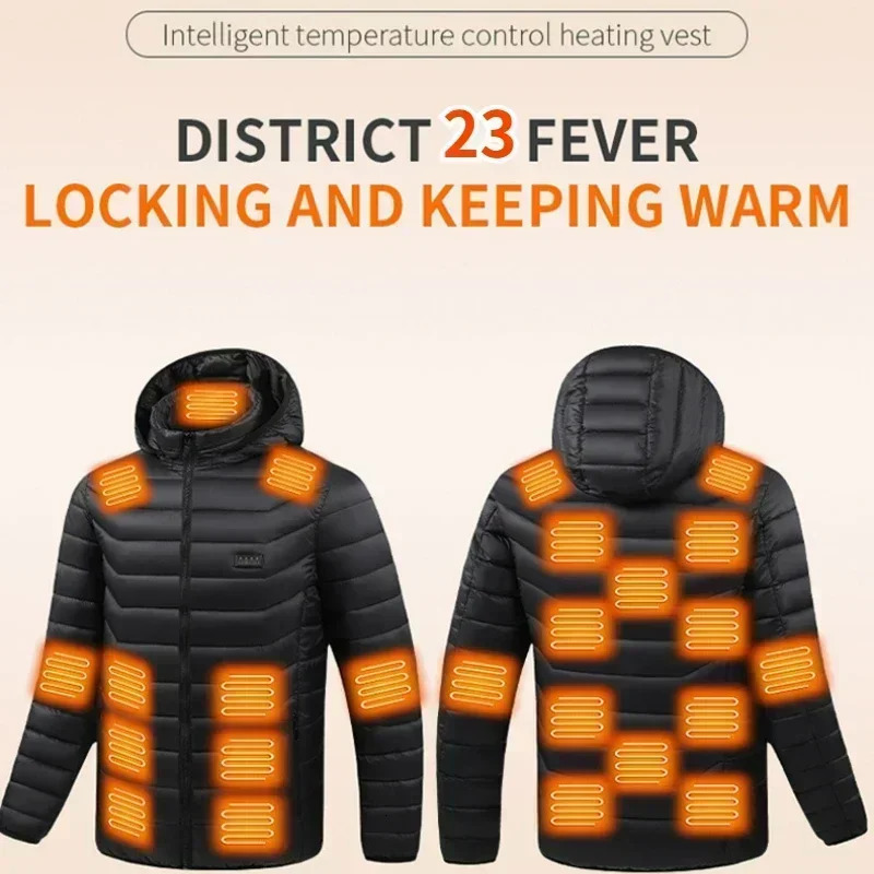 23 Areas Men Heating Jacket Usb Hooded Down Cotton Parka Women Warm Vest Hiking Camping Winter Outdoor Heated Clothing Ski Suit 241018