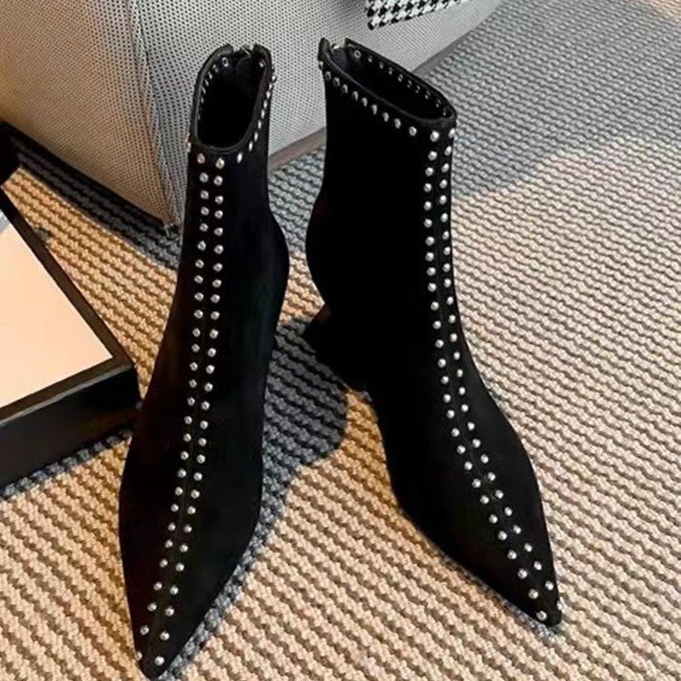 Women Fashion Pointed Toe Martin Boots High Chunky Heel Design Sense Triple Black fashion