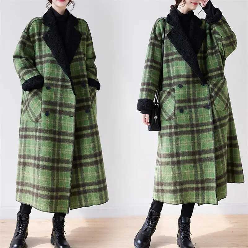 Oversized Womens Reversible Jacket Winter Plush Thickened Plaid Woolen Coat Vintage Long Loose Green Overcoat Windbreaker Z3460X241009