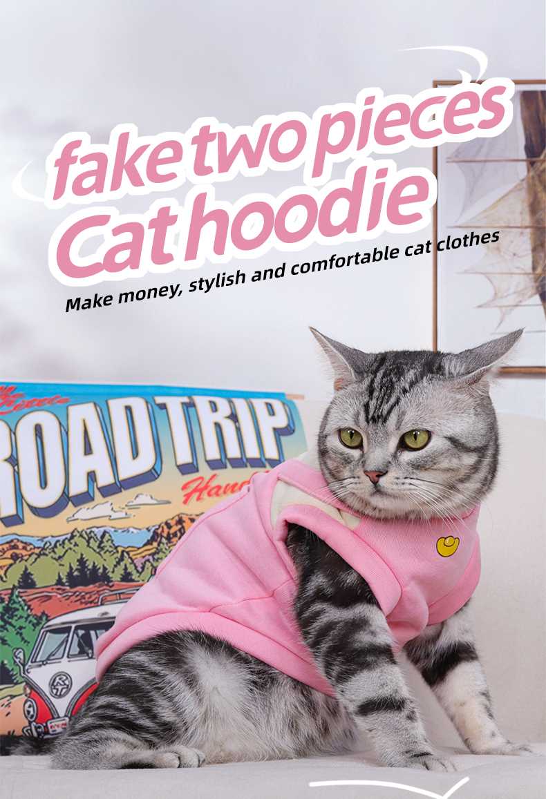 New cat clothing for autumn and winter, warm dog hoodie, fake two-piece cloth doll, short fur cartoon windproof pet vest