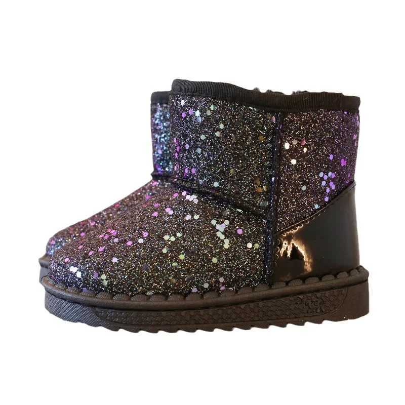 Boots Childrens snow boots 2024 winter new sequined princess ankle boots plush warm cotton shoes childrens anti slip sports shoes girls boots H241018