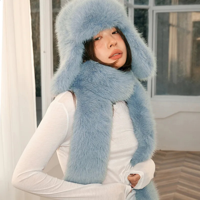winter mink scarf bomber hat womens two-piece scarf and hat set Versatile fluffy warm long scarf 241017