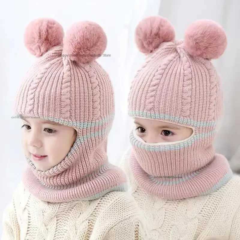 2-5Y Winter Baby Hat Scarf One-Piece Pompom Knit Hat for Kids Warm Neck Ball Cap for Girls Boys Windproof Beanies Infant Cap LX241018