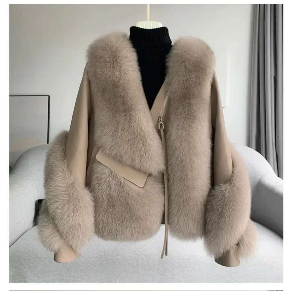 Women Fox 2024 Autumn Winter Fur All-In-One Spliced Sheepskin Motorcycle Coat Thickened Warm Free Shipping