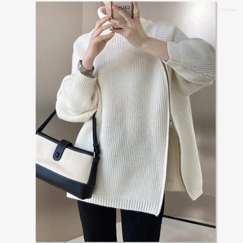 Turtleneck Cashmere Sweater For Women - Zippered Autumn Winter Fashion Knitted Pullover