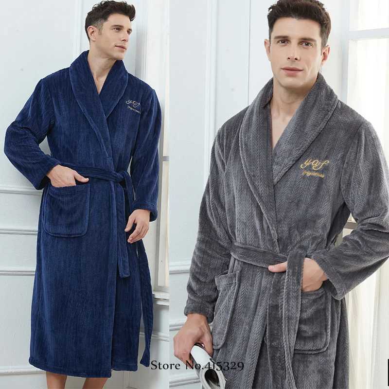 Big Size 3Xl 4Xl Kimono Robe Gown Winter New Mens Homewear Coral Fleece Bathrobe Shower Peignoirs Loose Thicken NightwearXJ241018