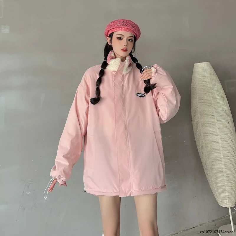 2023 Wear On Both Sides Thicked Lamb Wool Coats Autumn Winter Korean Loose Heart Print Jackets Harajuku Simple New Parkas TopsX241018
