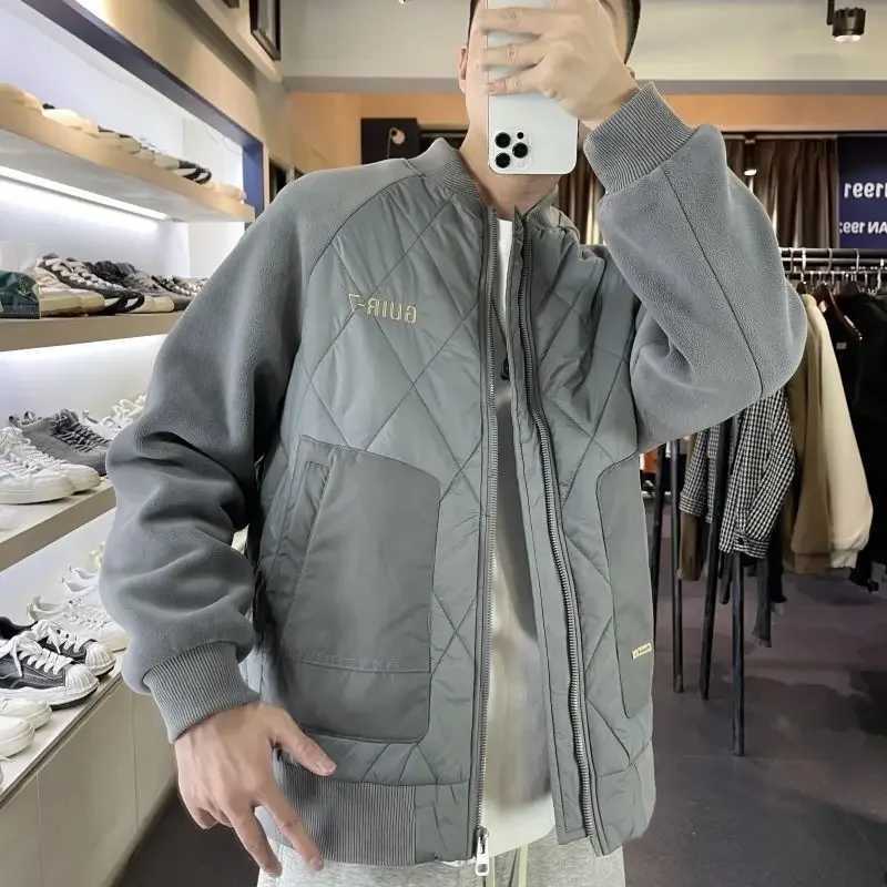 Patchwork Zipper Jacket Mens Autum Winter Versatile Splicing Baseball Uniform Coat Casual Short O-neck Parkas Boys Cotton Coat LX241018