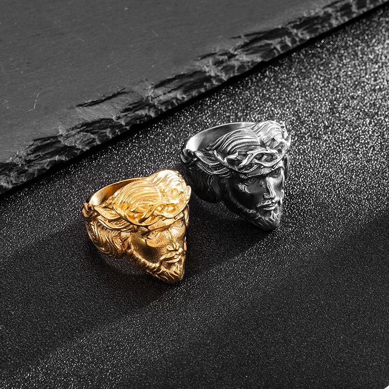 Jesus Face Casting Ring High Polished Titanium Steel 18k Gold Plated Jewelry