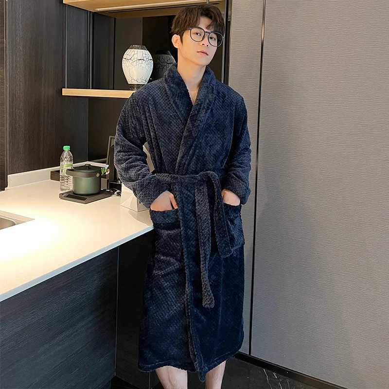 Men Robe Kimono Solid Color Flannel Winter Sleepdress Night Dress Long Sleeves Cardigan Bathrobe Home Dress Loose Home ClothesXJ241018