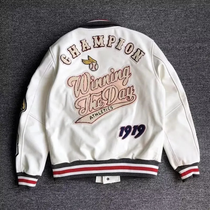 Y2K Baseball Uniform Jackets retro trend leather jacket Multiletter embroidery white short coat Mens spring and autumn 241018