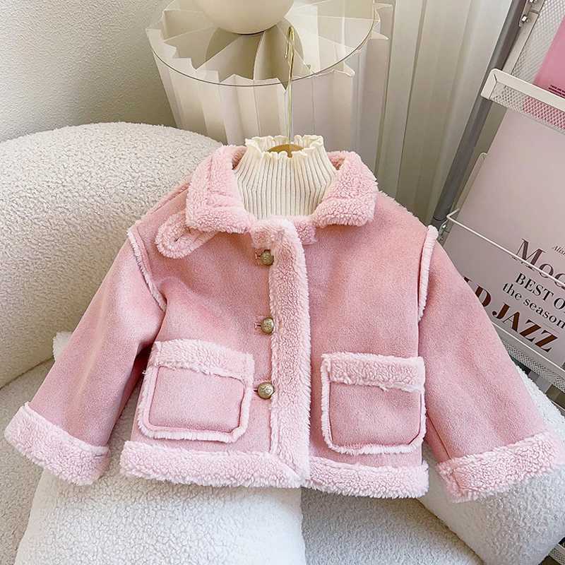 2024 Winter New Girls Jacket Solid Color Lamb Wool Lining Thick Keep Warm Lapel Fashion Coats For 2-8 Years Kids Plush SnowsuitX241018