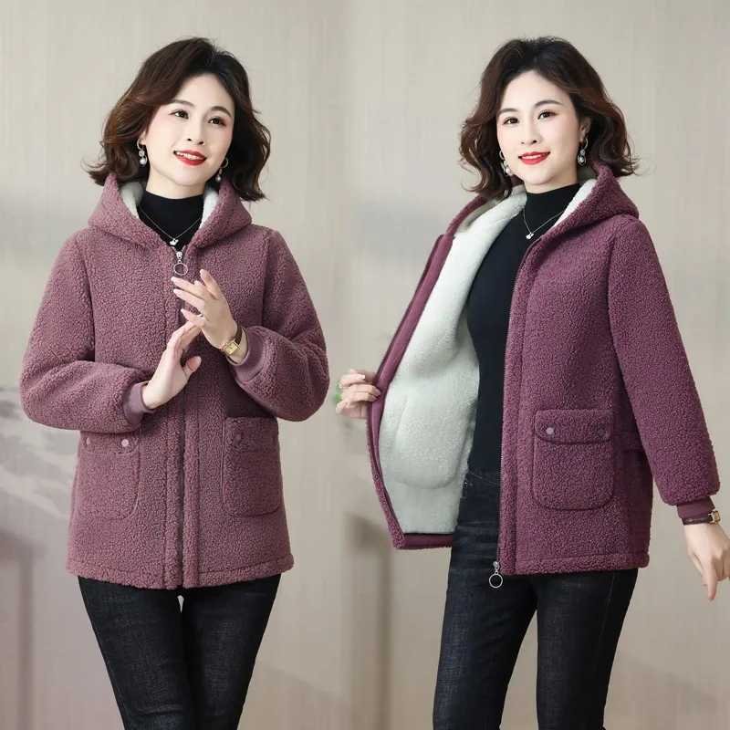 Lamb Wool Coat Womens Middle-Aged MoM Winter Plush Cotton Hoodie Jacket Female Warm Large Size Polar Fleece OutewearX241018