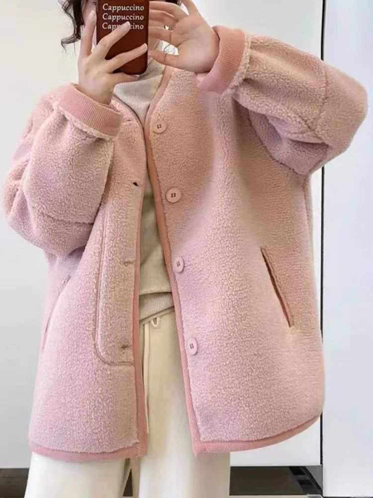 Woman Clothing Autumn Winter New V Neck Plush Jacket Korean Fashion Lamb Wool Womens Coat Taro Purple Solid Warm JacketsX241018