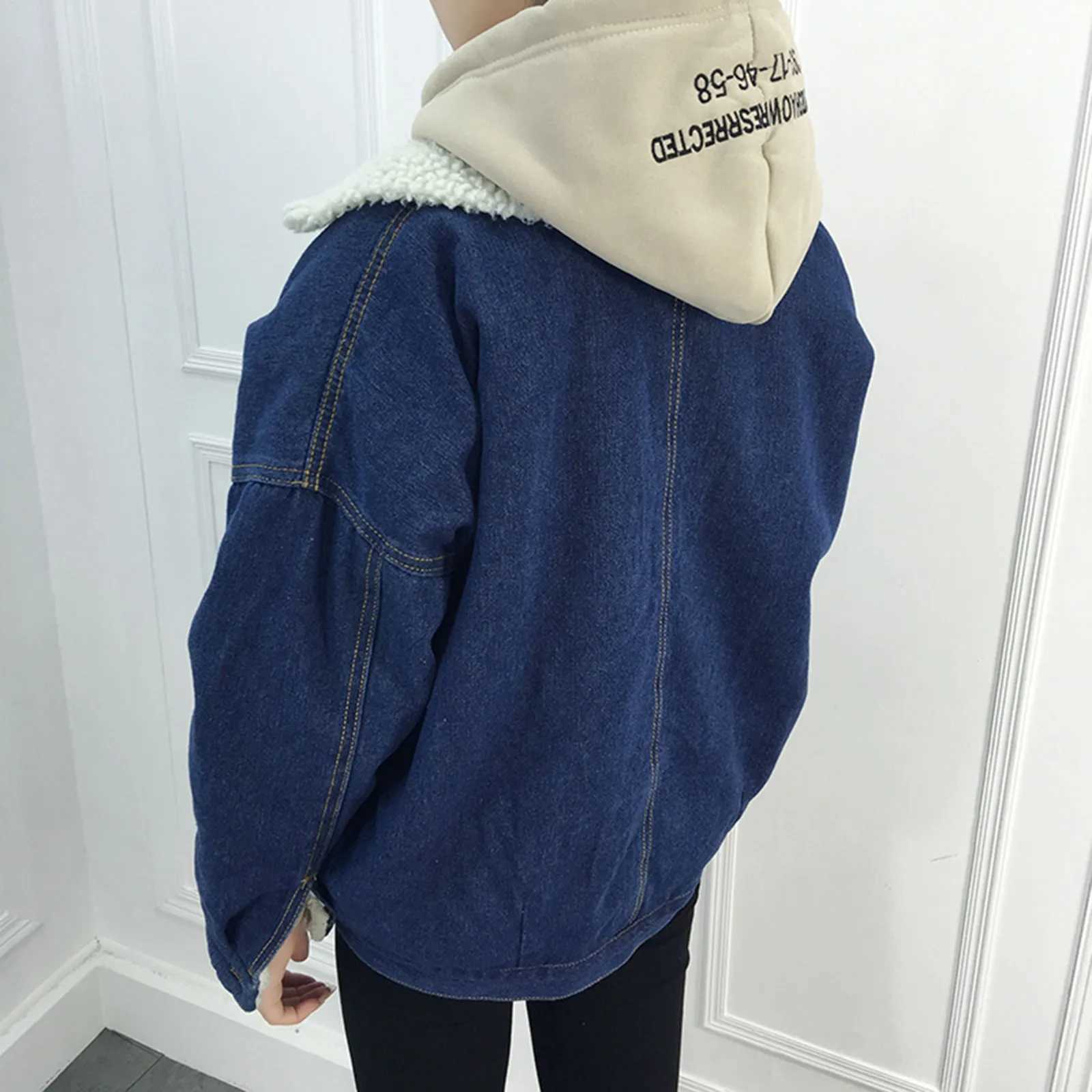 Vintage Women Lambswool Denim Jacket Women Autumn Winter Thicken Fleece Warm Denim Jacket Punk Long Sleeve Casual Loose OutwearX241018