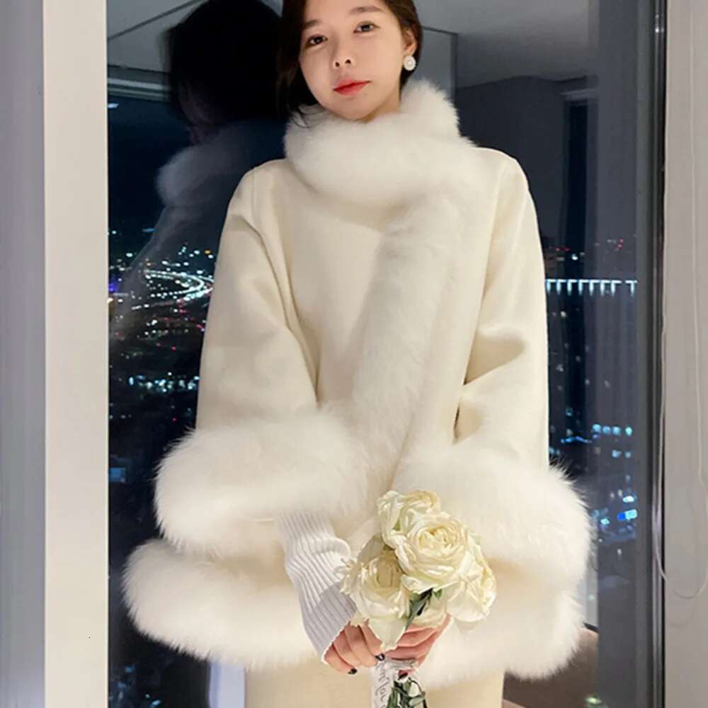 2024 New Women Autumn Long Sleeve Double Side White Woolen Cape Cloak Coat Real Fox Fur Collar And Cuff Casual Outerwear